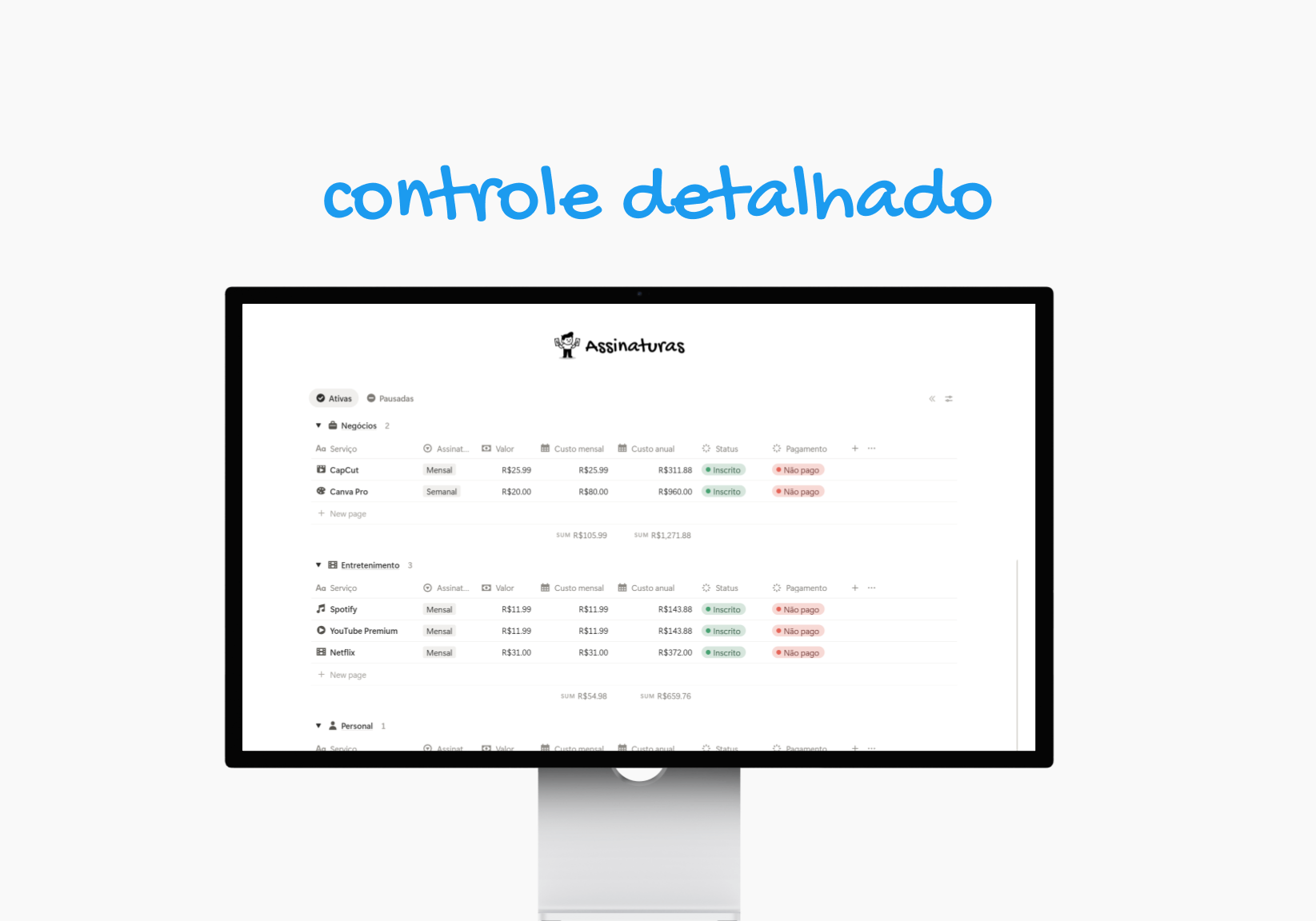 TRACKER DE ASSINATURAS - NOTION