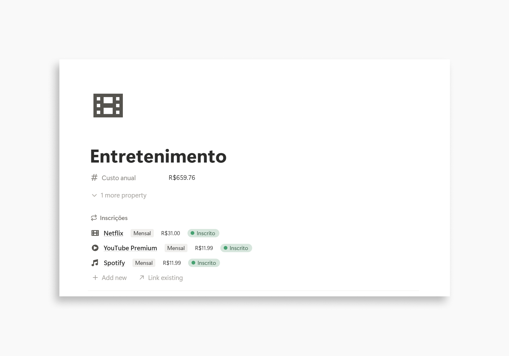 TRACKER DE ASSINATURAS - NOTION